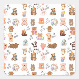 Bear-Themed Seamless Pattern Square Stickers | Fu