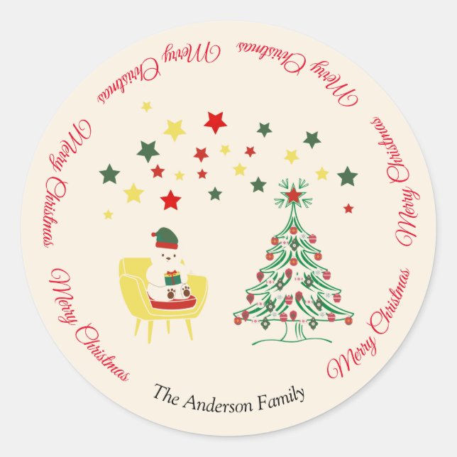 Bear Tree Family Colourful Modern Merry Christmas Classic Round Sticker (Front)