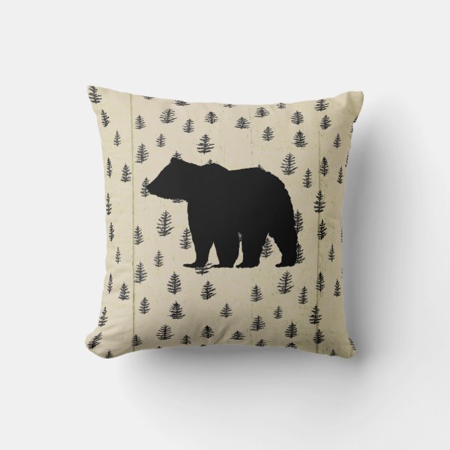 Bear Tree Mountain Illustration Pattern Rustic Cushion (Front)