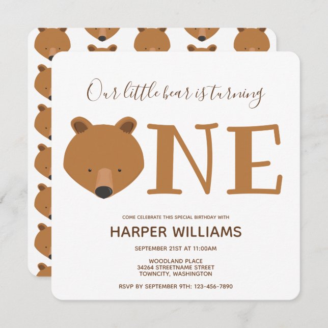 Bear Turning One Cute Animal 1st Birthday Invitation (Front/Back)