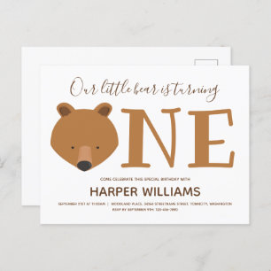 Bear Turning One Cute Animal First Birthday Invitation Postcard