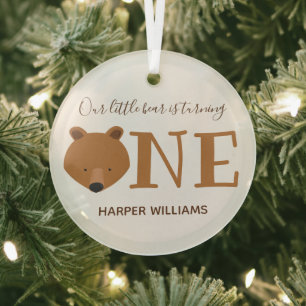 Bear Turning One Keepsake Animal First Birthday Glass Tree Decoration