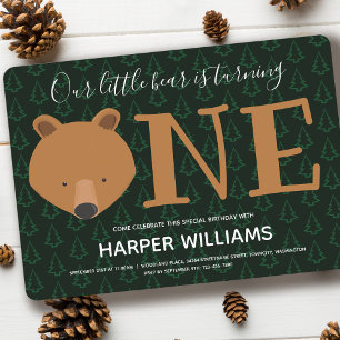 Bear Turning One Pine Animal First Birthday Invitation