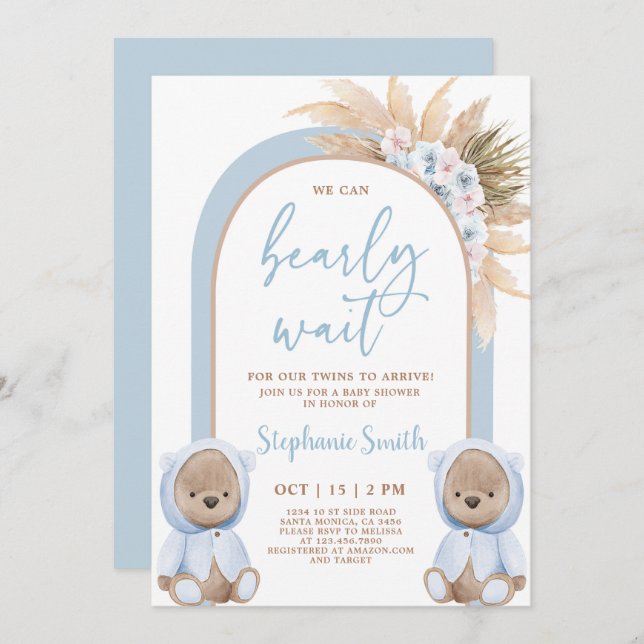 Bear Twin Boys Baby Shower Invitation (Front/Back)