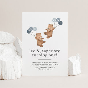 Bear Twin Boys Joint 1st Birthday Invitation