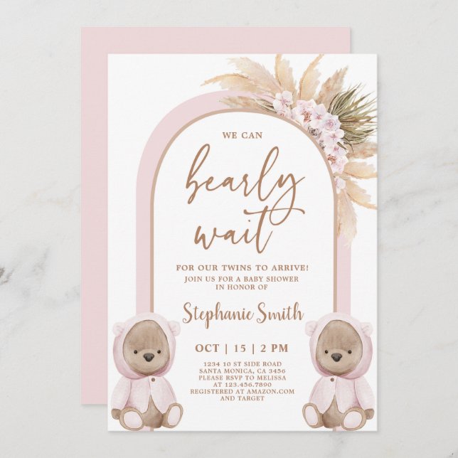 Bear Twin Girls Baby Shower Invitation (Front/Back)