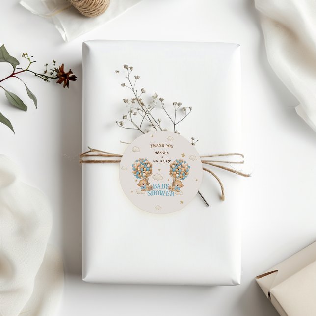 Bear Twins Boy Shower Blue Boho Classic Round Sticker (Creator Uploaded)