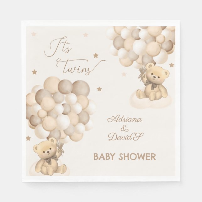 Bear Twins Gender Neutral Brown Beige Baby Shower Napkin (Front)