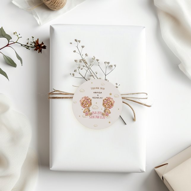 Bear Twins Girl Shower  Blush Pink Thank You Classic Round Sticker (Creator Uploaded)