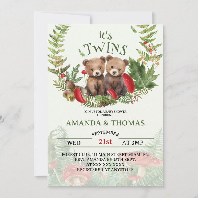 Bear Twins Woodland Themed Baby Shower Invitation (Front)