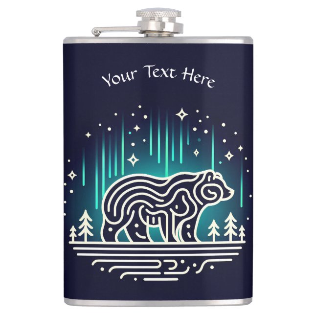 Bear Under Aurora Lights Hip Flask (Front)