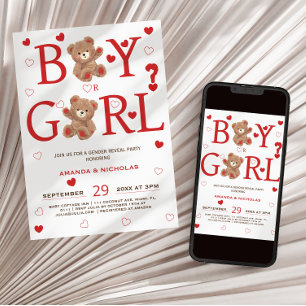 bear & valentine hearts gender reveal  invitation