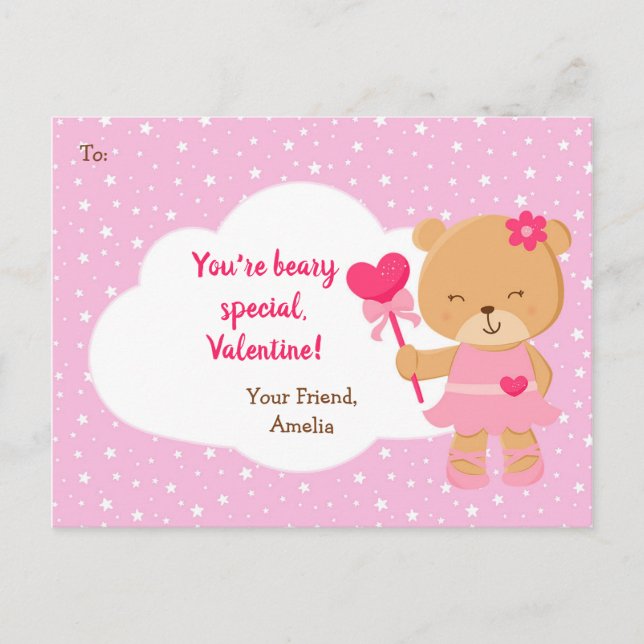Bear Valentines Day Card Kids (Pink for Girls) (Front)