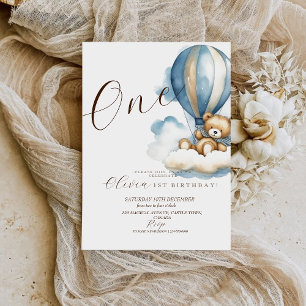Bear Watercolor First Birthday Gender Neutral Invitation