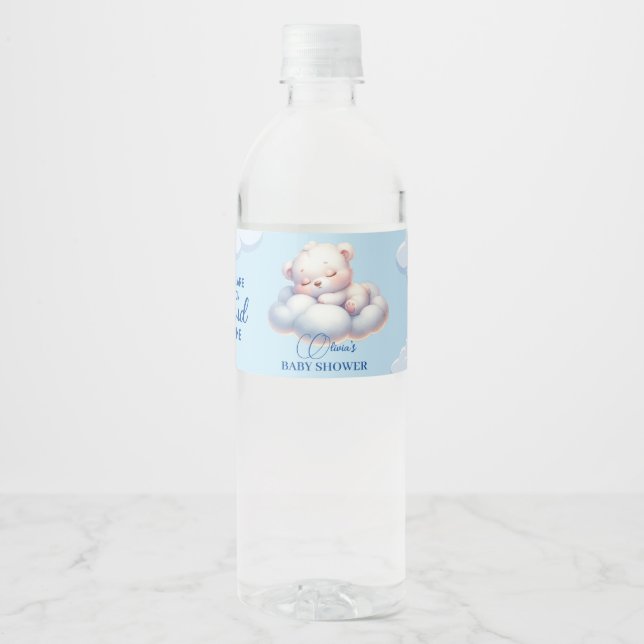  Bear We are on cloud nine Baby Shower Water Bottle Label (Front)