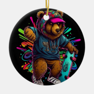 bear-wearing-hoodie-holding-skateboard ceramic ornament