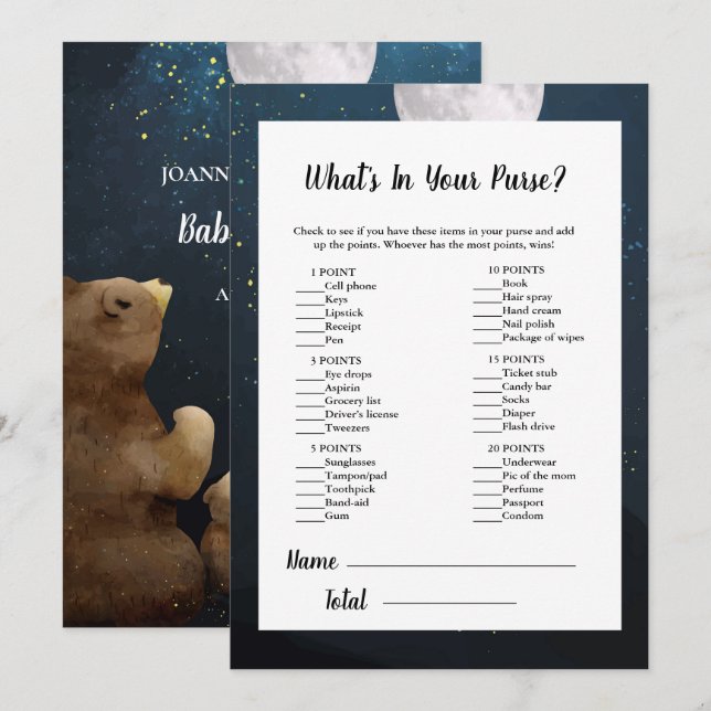 Bear What's In Your Purse Baby Shower Game Invitation (Front/Back)