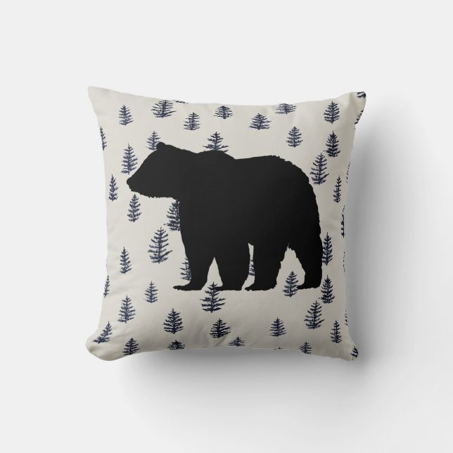 Bear Wilderness Pine Tree Cabin Throw Pillow (Front)