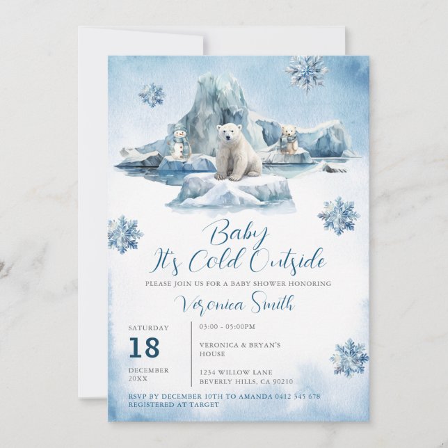 Bear Winter Arctic Animals Baby Shower Snowflakes Invitation (Front)