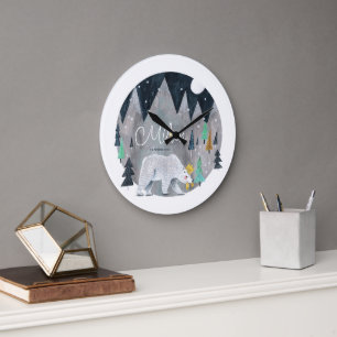 Bear winter mountains moon large clock