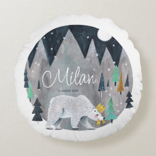 Bear winter mountains moon  poster round cushion
