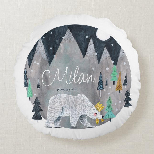 Bear winter mountains moon  poster round cushion (Front)
