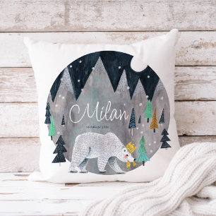 Bear winter mountains moon round pillow