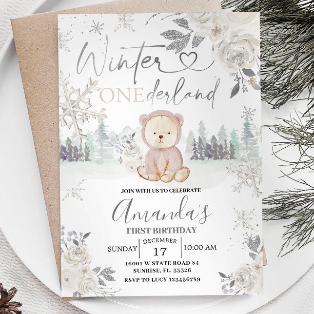 Bear Winter Onederland Snowflake Floral Birthday Invitation (Creator Uploaded)