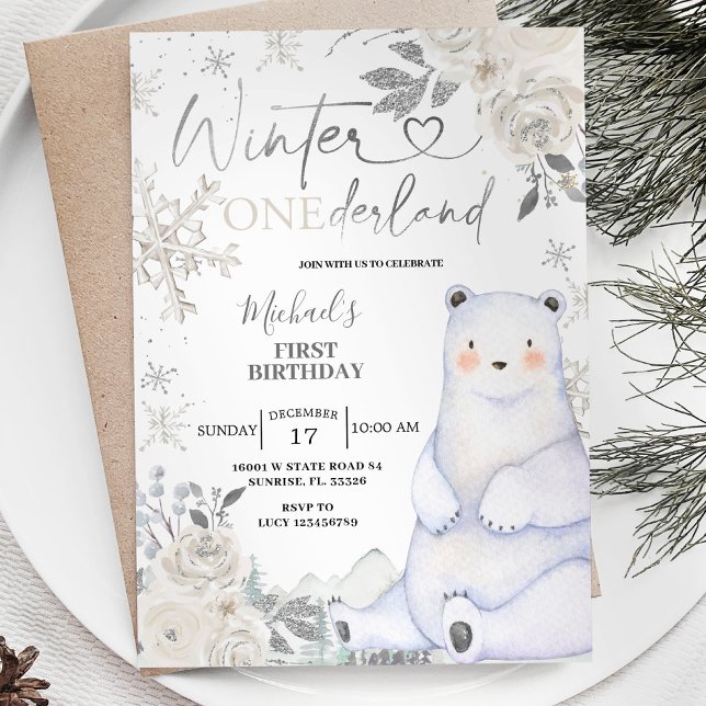 Bear Winter Onederland White Floral Birthday Invitation (Creator Uploaded)