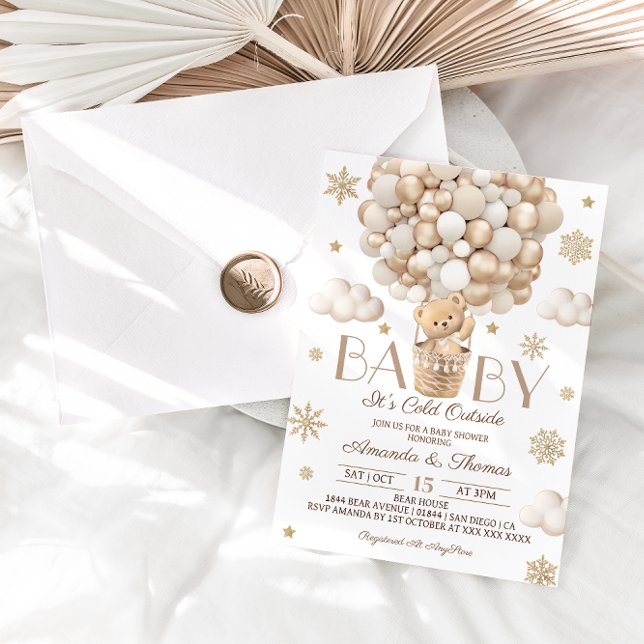 Bear Winter Snowflakes & Balloons Baby Shower Invitation (Creator Uploaded)