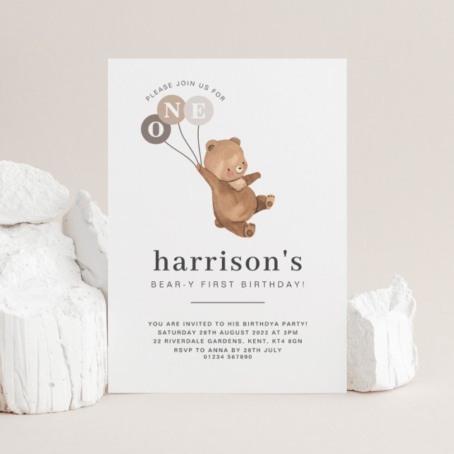 Bear with 3 Brown Balloons 1st Birthday Invitation (Creator Uploaded)