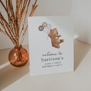 Bear with 3 Brown Balloons Welcome Sign