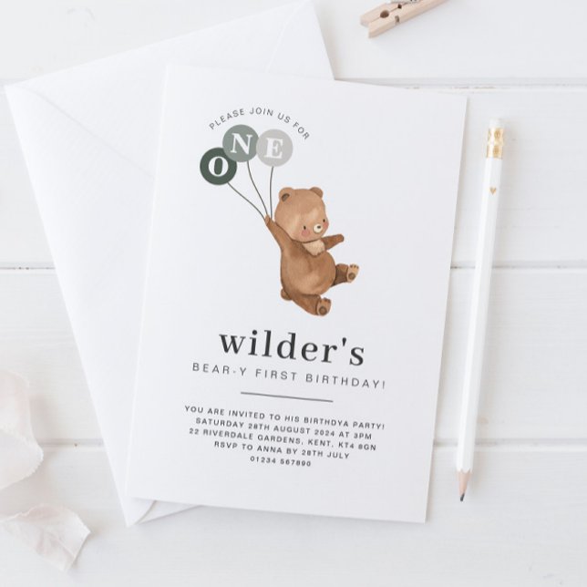 Bear with 3 Green Balloons 1st Birthday Invitation (Creator Uploaded)