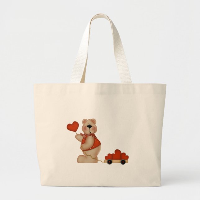 Bear with a Wagon of Hearts Large Tote Bag (Front)