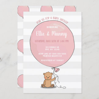 Bear with Balloon Baby Shower Invitation | Pink