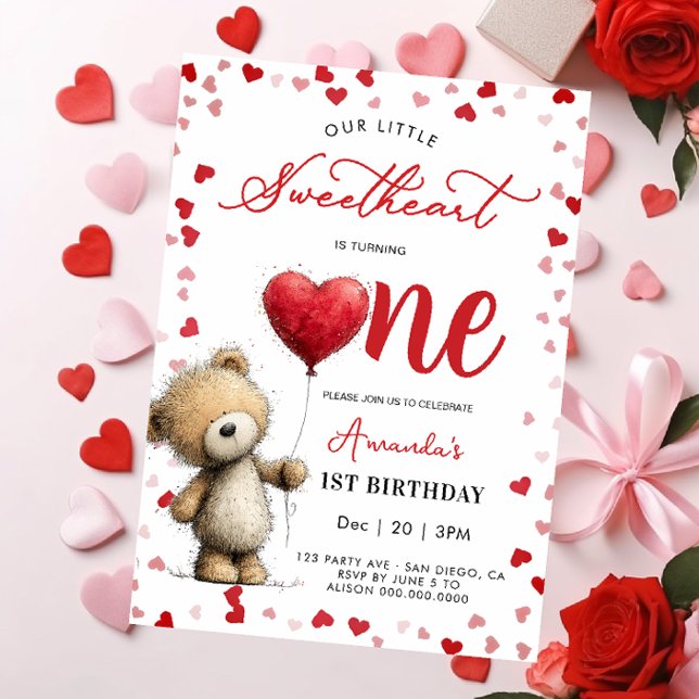 Bear with balloon Valentines 1st girl Birthday Invitation (Creator Uploaded)