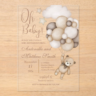 bear with balloons baby shower acrylic invitations