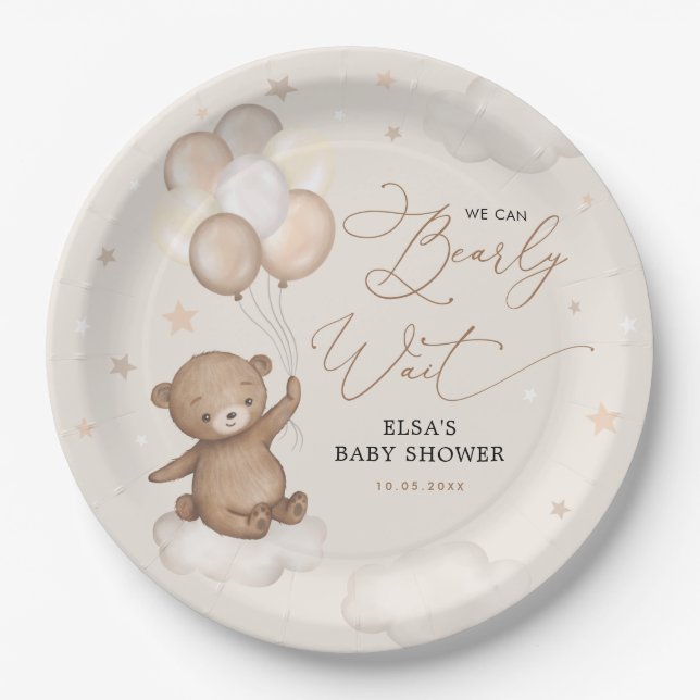 Bear with Balloons Clouds Stars Sky Baby Shower Paper Plate (Front)