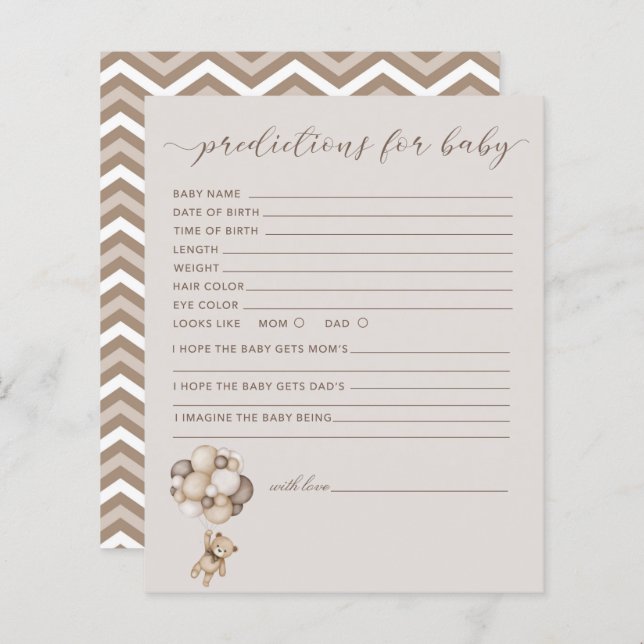 Bear With Balloons Predictions For Baby Game Card (Front/Back)