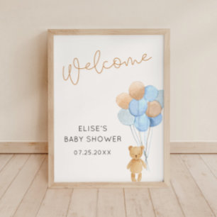 Bear with Blue and Tan Balloons Welcome Poster