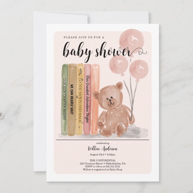 Bear with Books Bearly Wait Girl Baby Shower Invitation (Front)