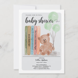 Bear with Books Bearly Wait Green Baby Shower Invitation