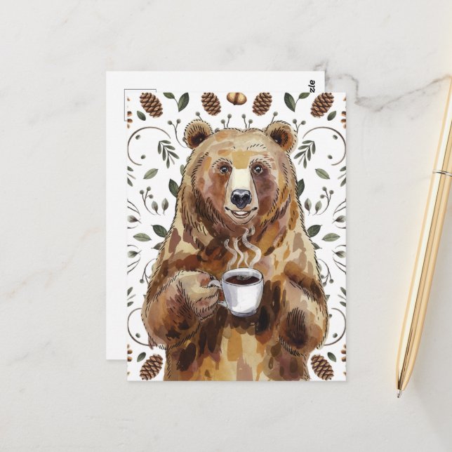 Bear With Coffee Postcard (Front/Back In Situ)