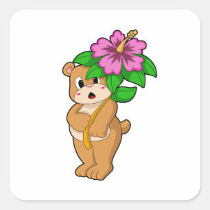 Bear with Flower Hibiscus Square Sticker