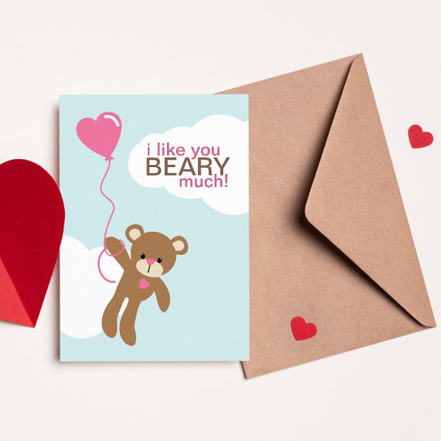 Bear with Heart Shaped Balloon Valentines Note Card (Creator Uploaded)
