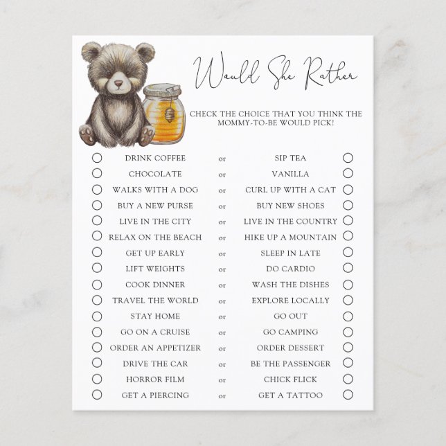 Bear with honey / Would She Rather Baby Shower (Front)
