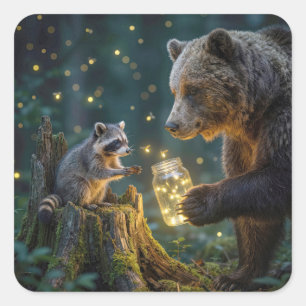 Bear with Raccoon and Fireflies In a Jar Square Sticker