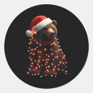 Bear With Santa Hat And Christmas Lights Xmas Brow Classic Round Sticker