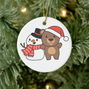 Bear With Snowman In Winter For Christmas Ceramic Ornament
