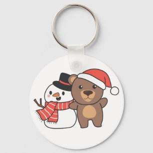 Bear With Snowman In Winter For Christmas Keychain